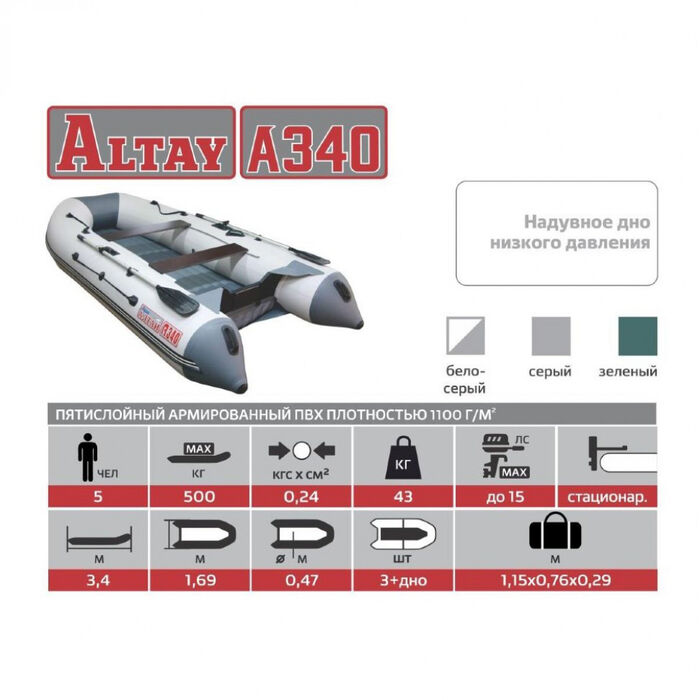 Лодка ПВХ под мотор, с надувным дном Тонар Алтай А340 (зеленая)