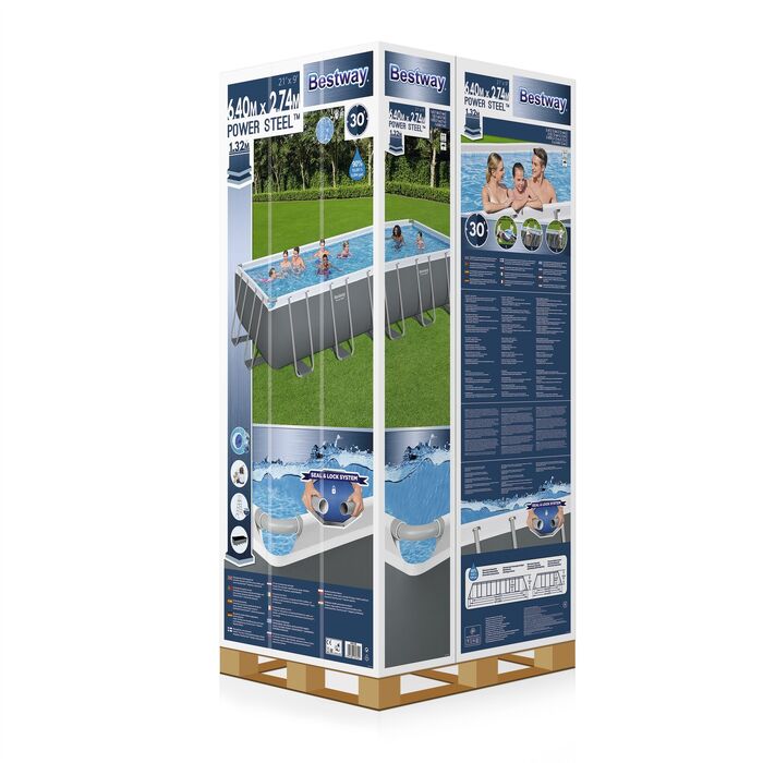 Каркасный прямоугольный бассейн Bestway 640х274х132 см + песочный ф/насос 5678 л/ч, тент, лестница