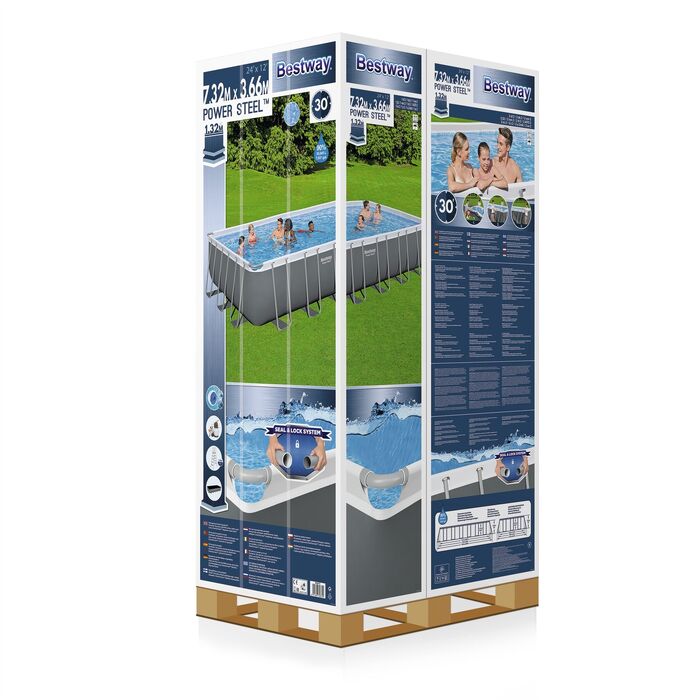 Каркасный прямоугольный бассейн Bestway 732х366х132 см + песочный ф/насос 5678 л/ч, тент, лестница
