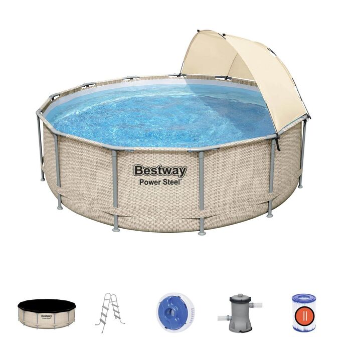 Каркасный бассейн Bestway 396х107 см + фильтр-насос 2006 л/ч, тент, лестница, навес от солнца