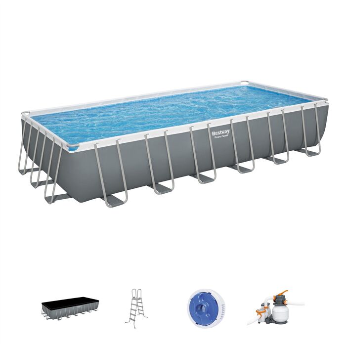 Каркасный прямоугольный бассейн Bestway 732х366х132 см + песочный ф/насос 5678 л/ч, тент, лестница