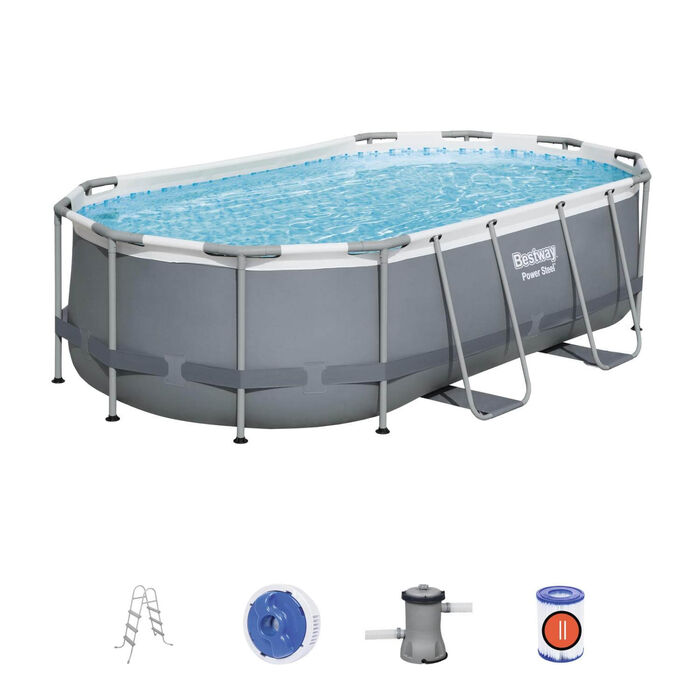 Каркасный овальный бассейн Bestway 427х250х100 см + фильтр-насос 2006 л/ч, лестница (56620 BW).
